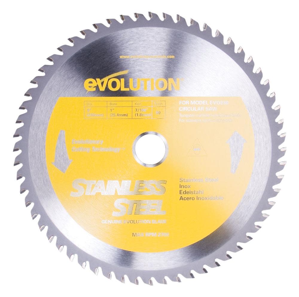 Evolution Power Tools 9 in. 60 Tooth Stainless Steel Tungsten Carbide-Tipped Cutting Blade
Evolution Power Tools 9 in. 60 Tooth Stainless Steel Tungsten Carbide-Tipped Cutting Blade