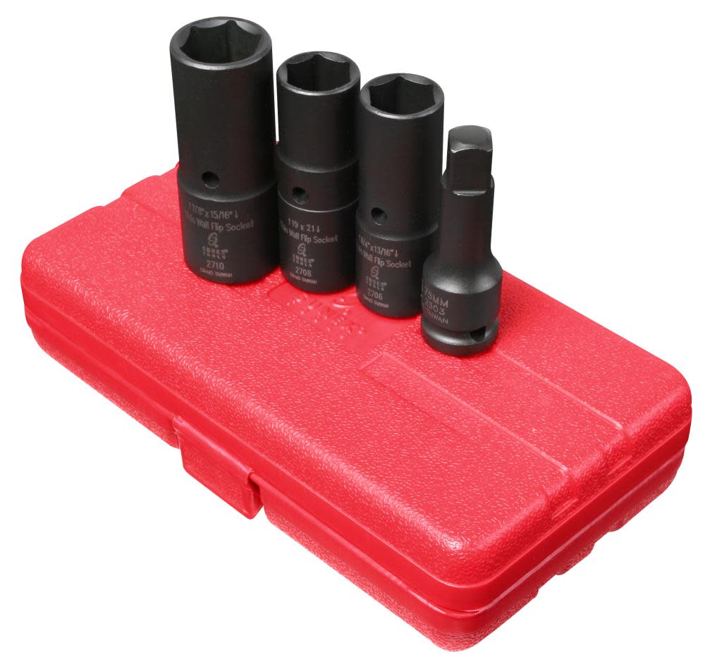 Sunex 1/2 In. Dr. 4 pc. SAE & Metric Deep Thin Wall Flip Socket Set