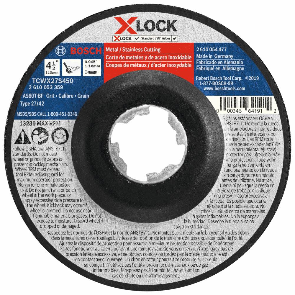 Bosch 4-1/2 In. x 0.045 In. X-LOCK Arbor Type 27A (ISO 42) 60 Grit Fast Metal/Stainless Cutting Abrasive Wheel
Bosch 4-1/2 In. x 0.045 In. X-LOCK Arbor Type 27A (ISO 42) 60 Grit Fast Metal/Stainless Cutting Abrasive Wheel