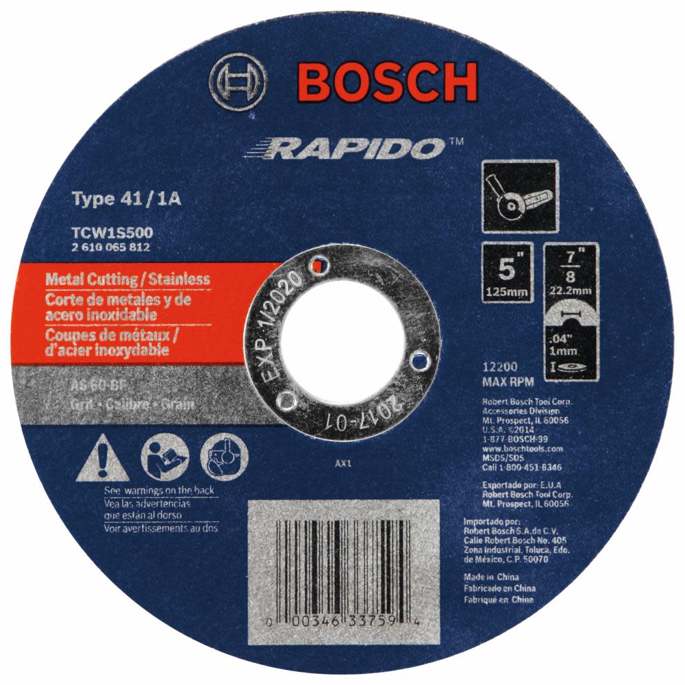 Bosch 5 In. .040 In. 7/8 In. Arbor Type 1A (ISO 41) 60 Grit Rapido Fast Metal/Stainless Cutting Abrasive Wheel
Bosch 5 In. .040 In. 7/8 In. Arbor Type 1A (ISO 41) 60 Grit Rapido Fast Metal/Stainless Cutting Abrasive Wheel