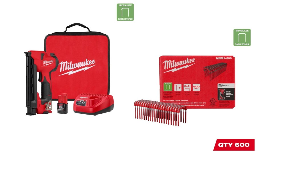 Milwaukee M12 Cable Stapler Kit with 1" Insulated Cable Staples 600qty Bundle