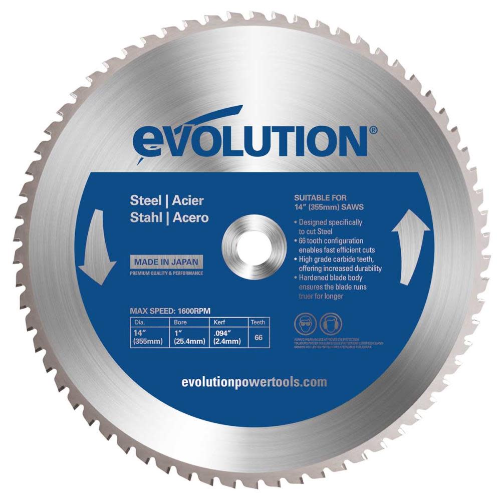 Evolution Power Tools 14 in. 66-Tooth Tungsten Carbide-Tipped Mild Steel Cutting Blade
Evolution Power Tools 14 in. 66-Tooth Tungsten Carbide-Tipped Mild Steel Cutting Blade
