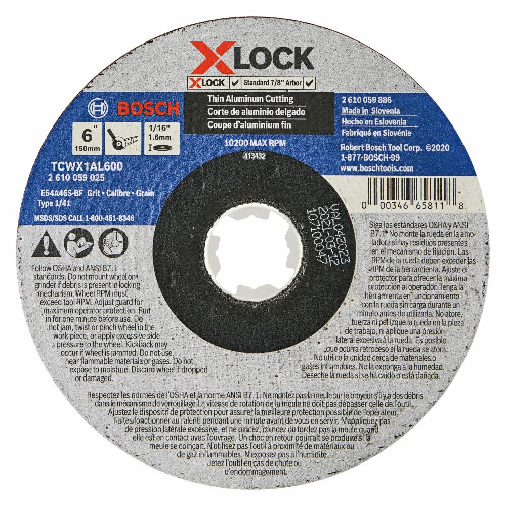 Bosch Metal Cutting Abrasive Wheel 6" x 1/16" X LOCK Arbor Type1A (ISO 41) 46 Grit
Bosch Metal Cutting Abrasive Wheel 6" x 1/16" X LOCK Arbor Type1A (ISO 41) 46 Grit
