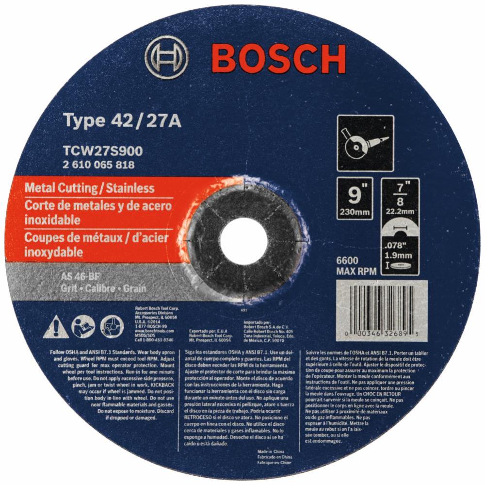 Bosch 9 In. 5/64 In. 7/8 In. Arbor Type 27A (ISO 42) 46 Grit Rapido Fast Metal/Stainless Cutting Abrasive Wheel
Bosch 9 In. 5/64 In. 7/8 In. Arbor Type 27A (ISO 42) 46 Grit Rapido Fast Metal/Stainless Cutting Abrasive Wheel