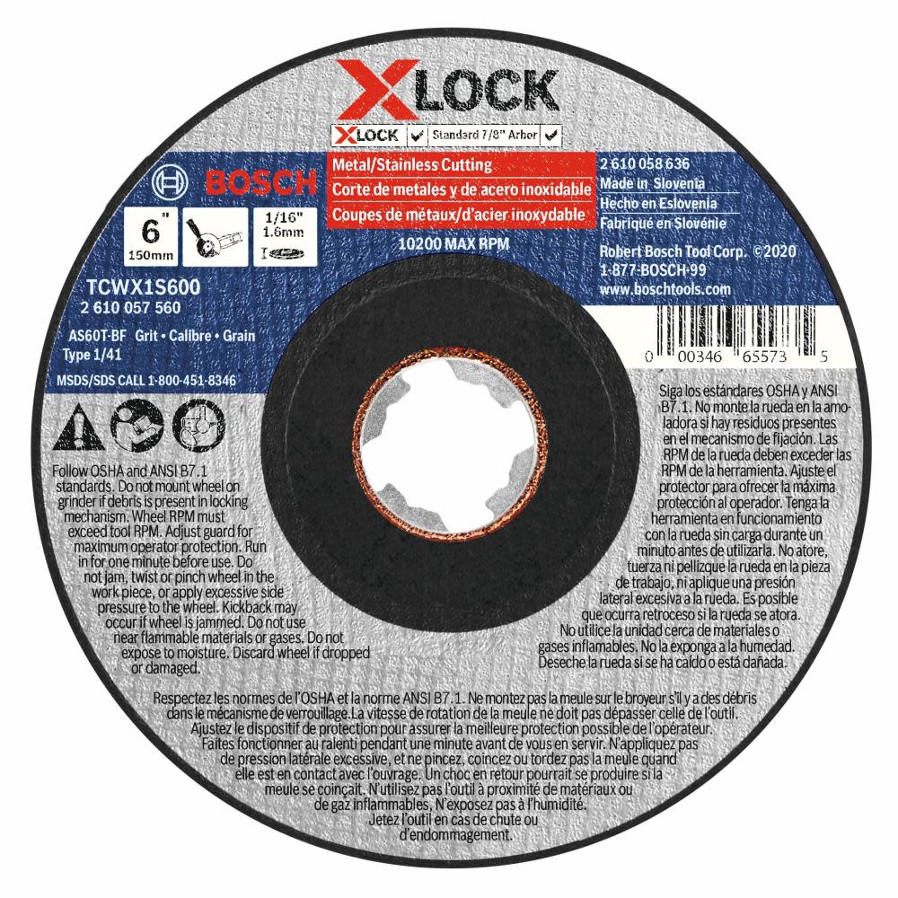 Bosch 6" x 1/16" X-LOCK Arbor Type 1A (ISO 41) 60 Grit Fast Metal/Stainless Cutting Abrasive Wheel
Bosch 6" x 1/16" X-LOCK Arbor Type 1A (ISO 41) 60 Grit Fast Metal/Stainless Cutting Abrasive Wheel