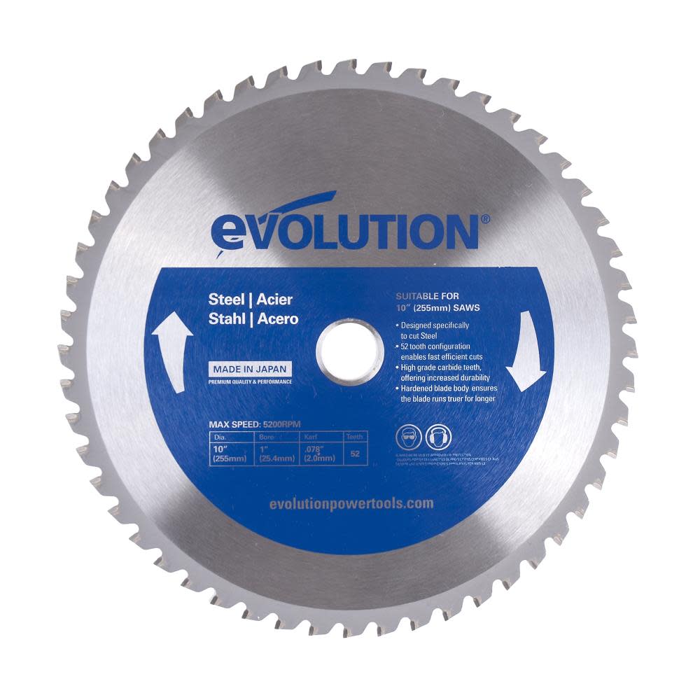 Evolution Power Tools 10 in. 52 Tooth Tungsten Carbide-Tipped Mild Steel Cutting Blade
Evolution Power Tools 10 in. 52 Tooth Tungsten Carbide-Tipped Mild Steel Cutting Blade