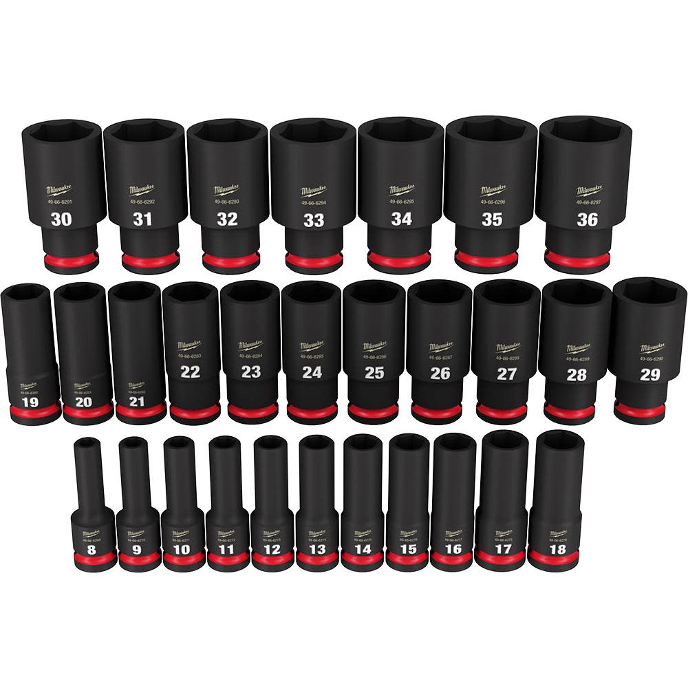Milwaukee Impact Socket 1/2" Drive Metric Deep 6 Point 29pc