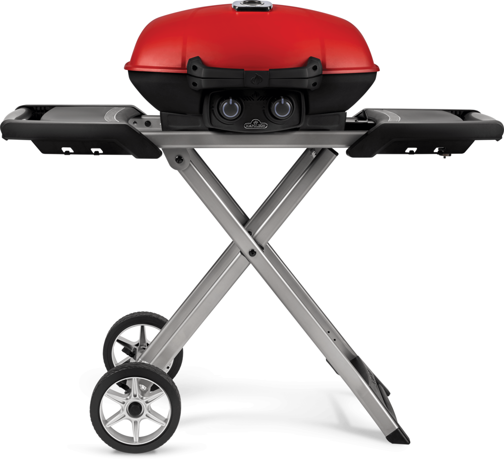Napoleon TravelQ 285X Portable Propane Gas Grill and Scissor Cart with Griddle Red