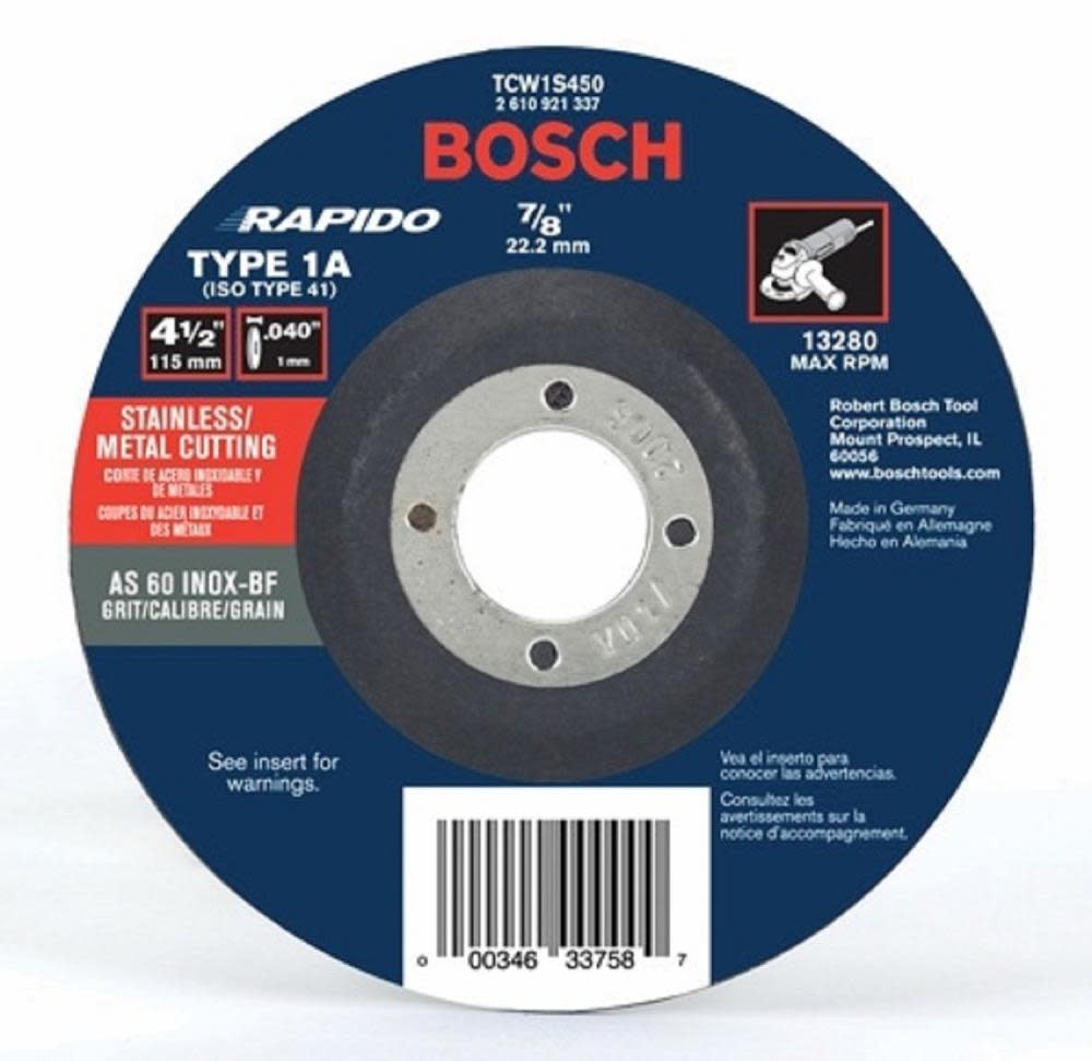 Bosch 4-1/2 In. .040 In. 7/8 In. Arbor Type 1A (ISO 41) 60 Grit Rapido Fast Metal/Stainless Cutting Abrasive Wheel
Bosch 4-1/2 In. .040 In. 7/8 In. Arbor Type 1A (ISO 41) 60 Grit Rapido Fast Metal/Stainless Cutting Abrasive Wheel