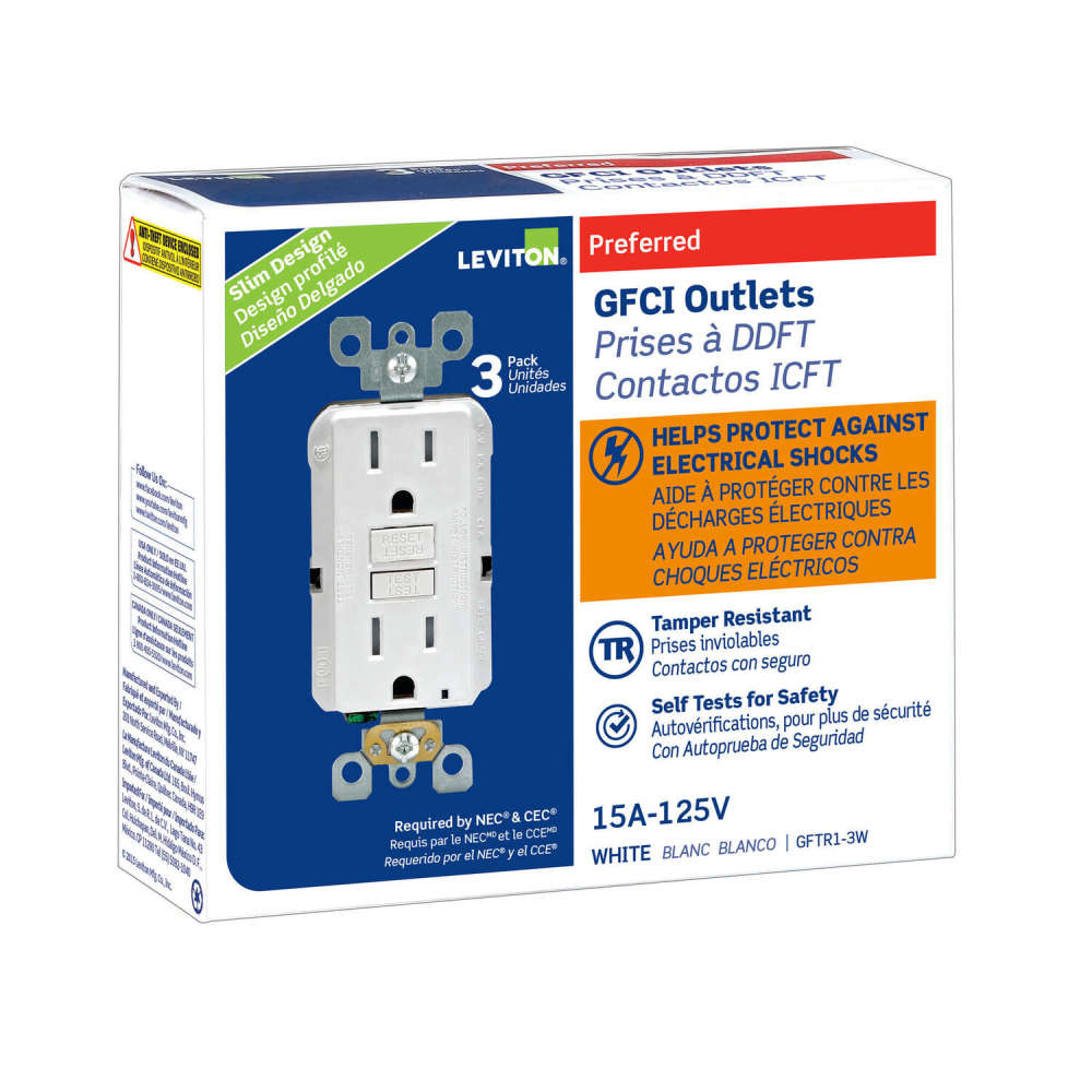 Leviton SmartlockPro GFCI Outlet 15A 125V Duplex White NEMA 5-15R 3pk