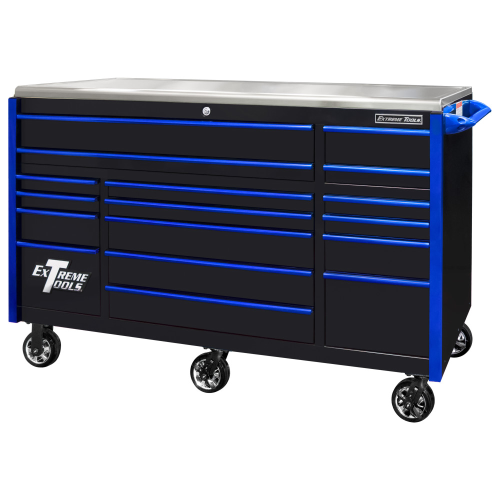 Extreme Tools 72" Black Roller Cabinet with Blue Drawer Pulls