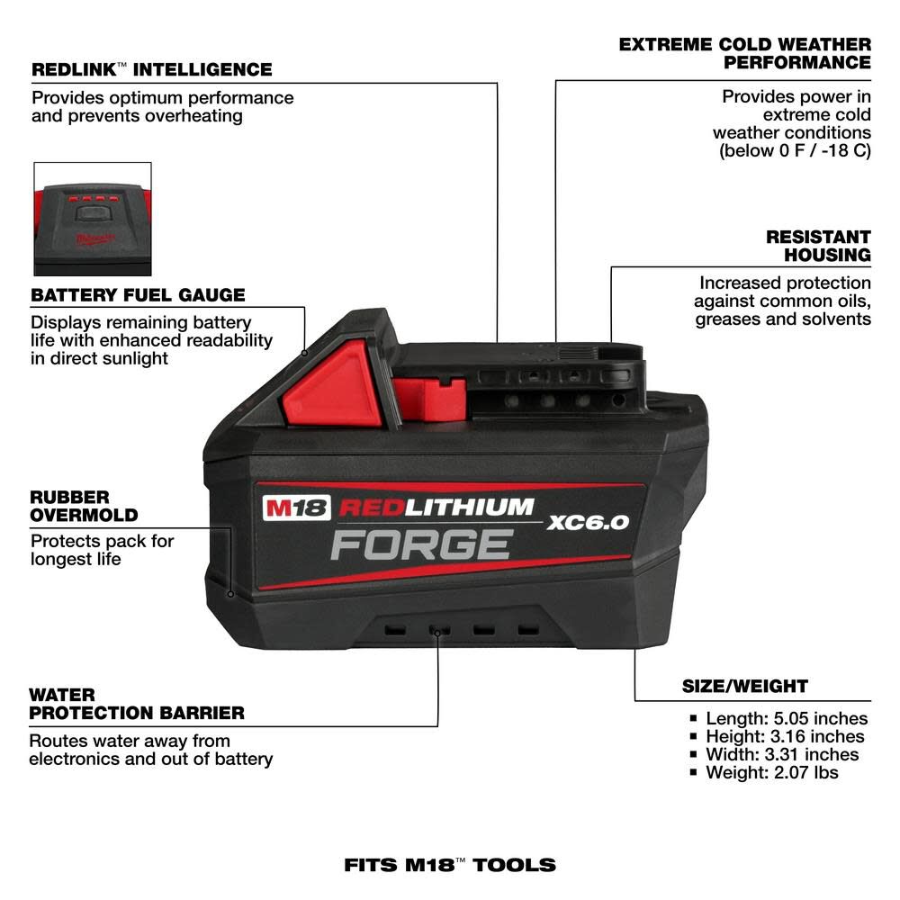Milwaukee M18 REDLITHIUM FORGE XC 18V 6Ah Lithium Ion Power Tool Battery Pack with Fuel Indicator, large image number 8