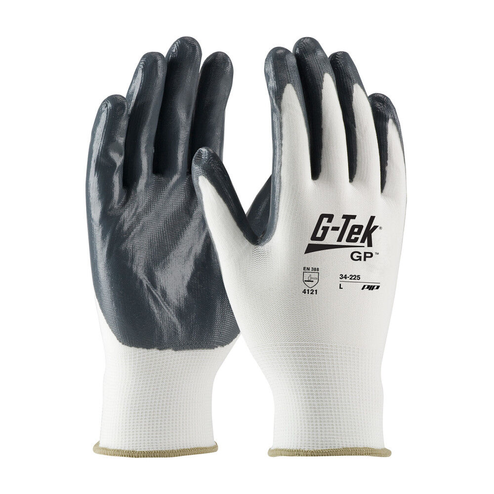 Protective Industrial Products G-Tek GP White 13G Nylon Shell Nitrile Coated Smooth Grip Large 12 Pairs of Gloves arge – 34-225/L