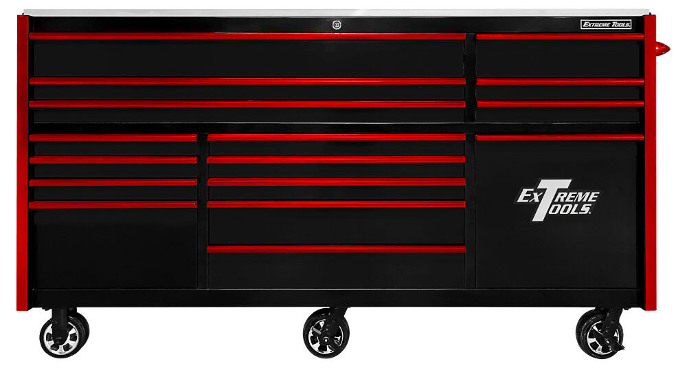 Extreme Tools RX Series 84 Inch W x 30 Inch D 15 Drawer plus Power Tool Drawer Roller Cabinet 250 lb Slides Black with Drawer Pulls – RXQ843016RCBKRD