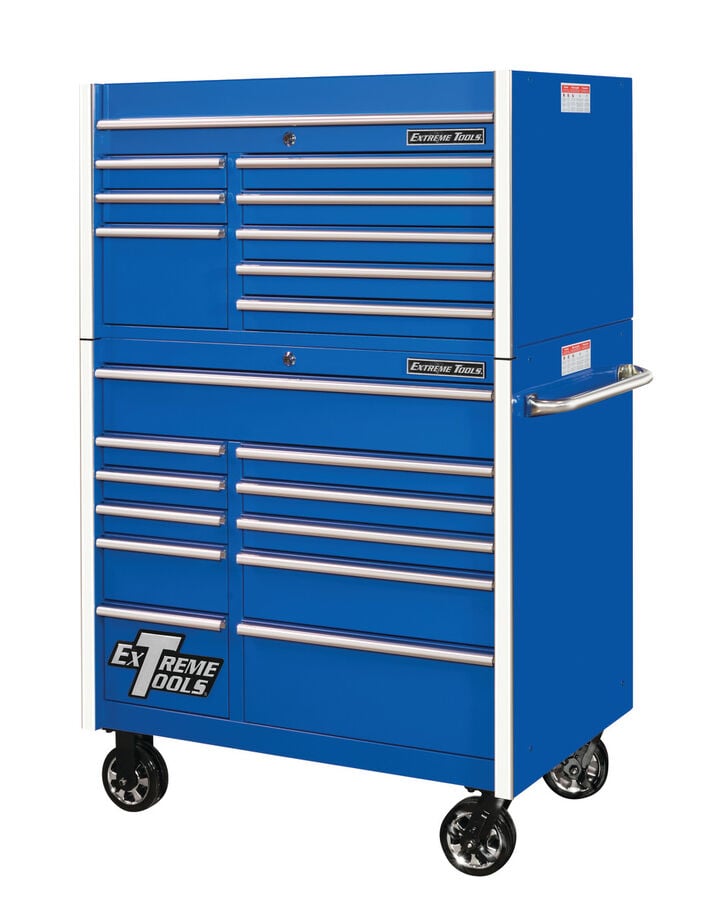 Extreme Tools RX Series 41 Inch W x 25 Inch D 8 Drawer Top Chest and 11 Drawer Roller Cabinet Combo Blue with Chrome Drawer Pulls, large image number 0