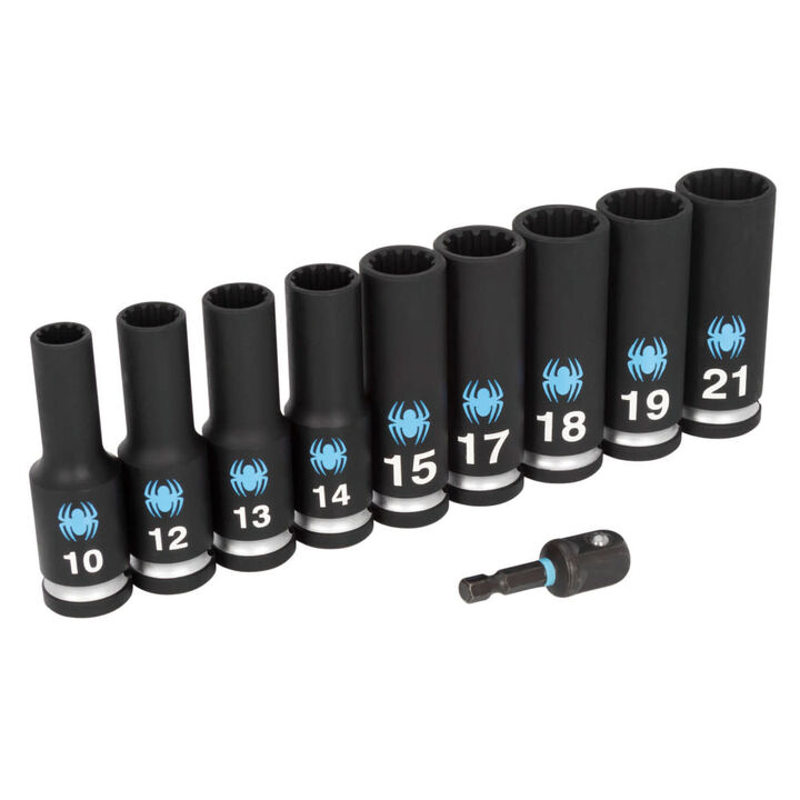 Spyder 1/2 Inch Drive Metric Deep Impact Socket Set with Adapter, 10 Pieces