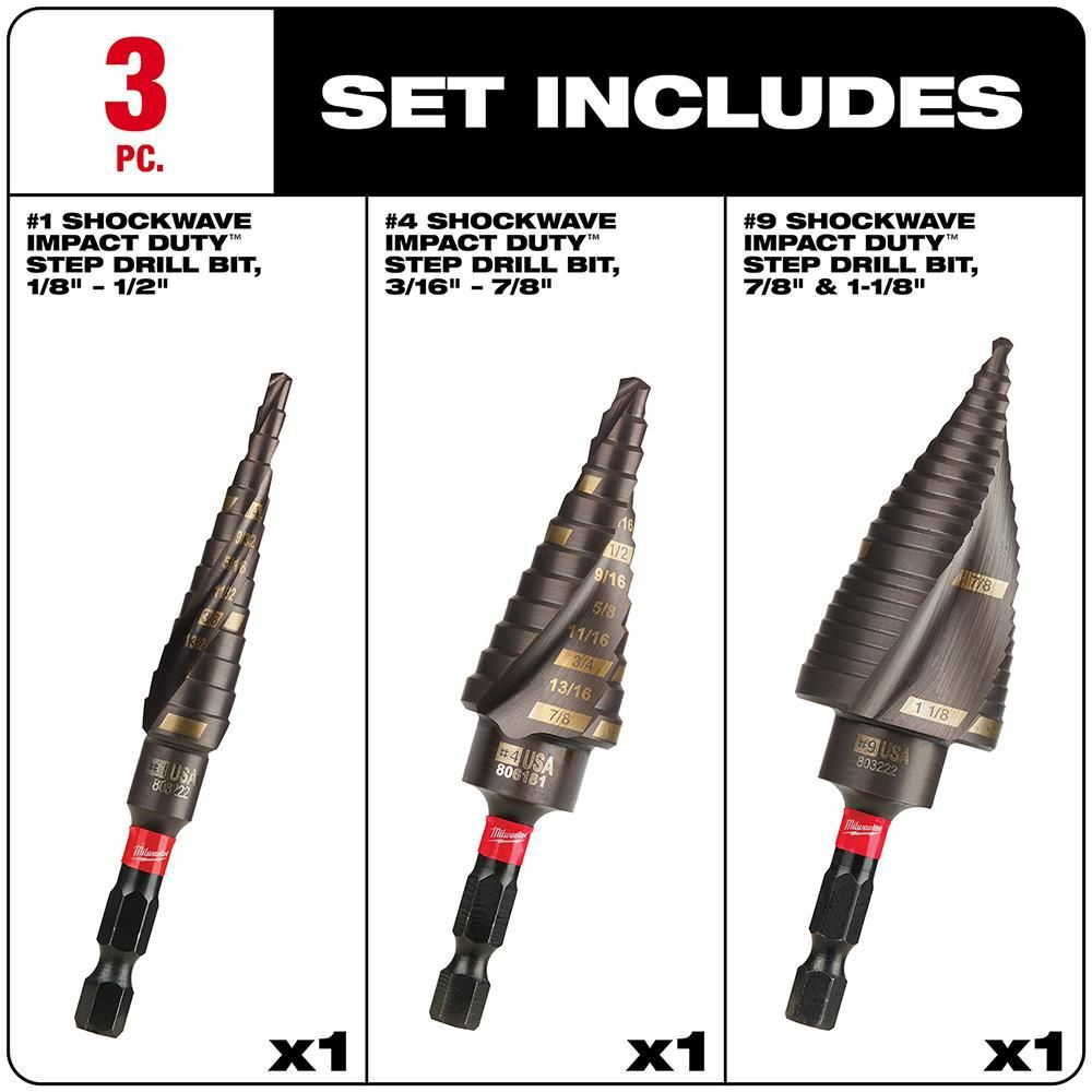 Milwaukee SHOCKWAVE Impact Duty Step Bit Electrician Set (#1 #4 #9), large image number 4