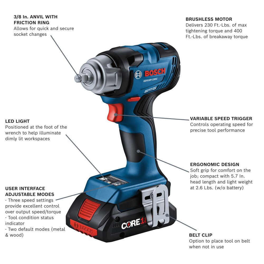 Bosch 18V 3/8 Inch Impact Wrench Kit with Friction Ring, large image number 2