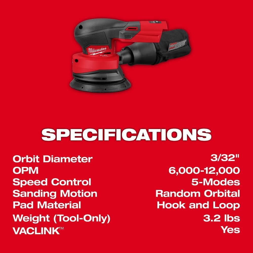 Milwaukee M18 FUEL 5 Inch Random Orbital Sander & M18 REDLITHIUM HIGHOUTPUT 6.0 Starter Kit with Battery & Charger Bundle, large image number 9