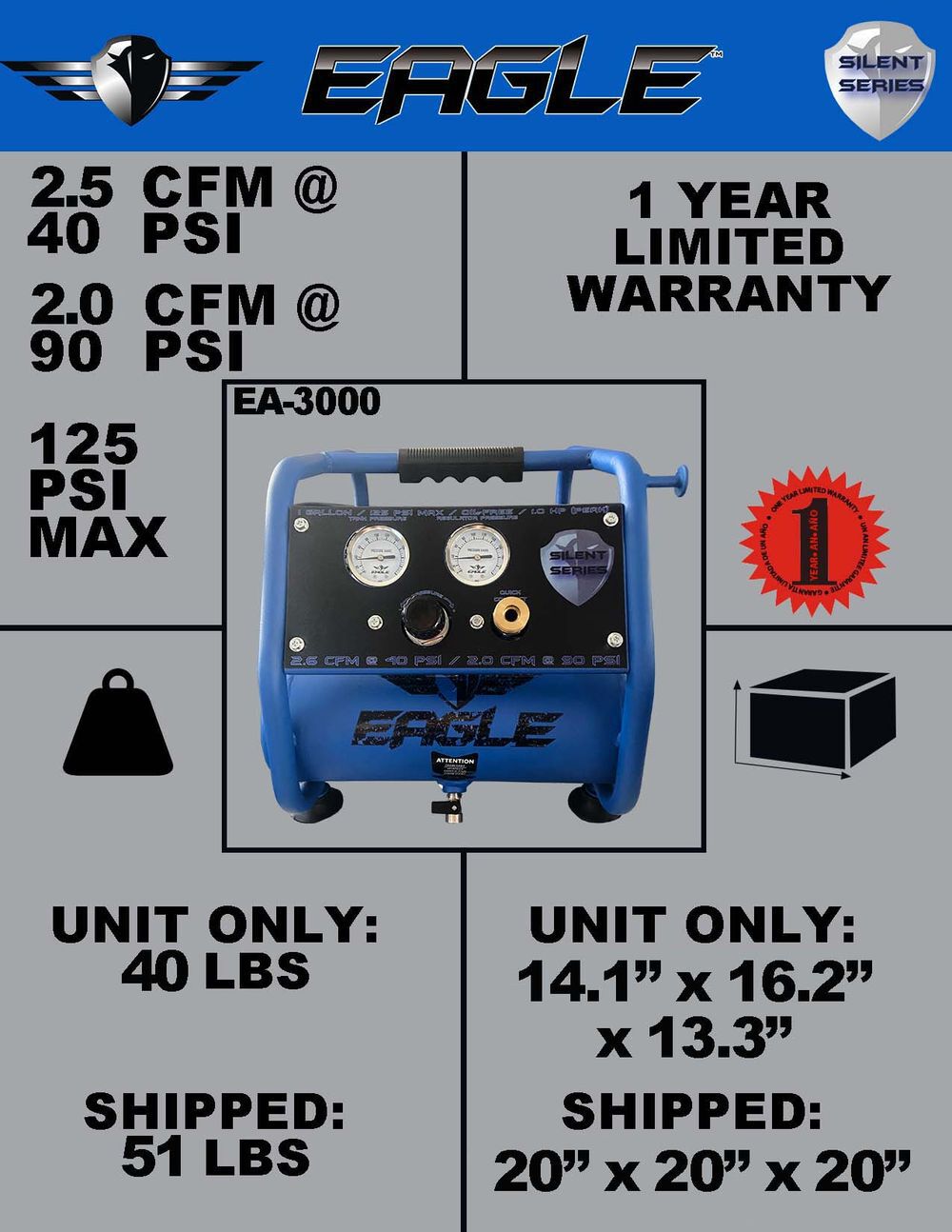 Eagle Compressor Silent Series 1 Gallon Portable Electric Air Compressor, large image number 5