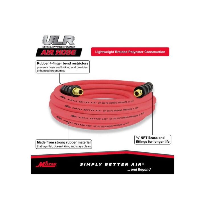 Milton 3/8 Inch NPT Male x 100 Ft Red Ultra Lightweight Rubber Hose, large image number 2