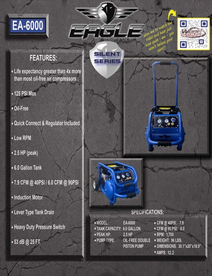 Eagle Compressor Silent Series 6 Gallon Electric Portable Air Compressor, large image number 2