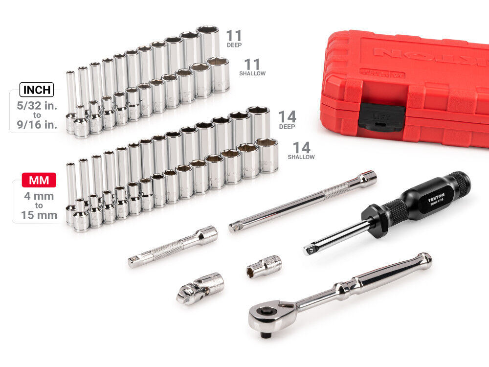 Tekton 1/4 Inch 6 Point Socket and Ratchet Set, 5/32 - 9/16 Inch, 4 - 15 mm, large image number 2