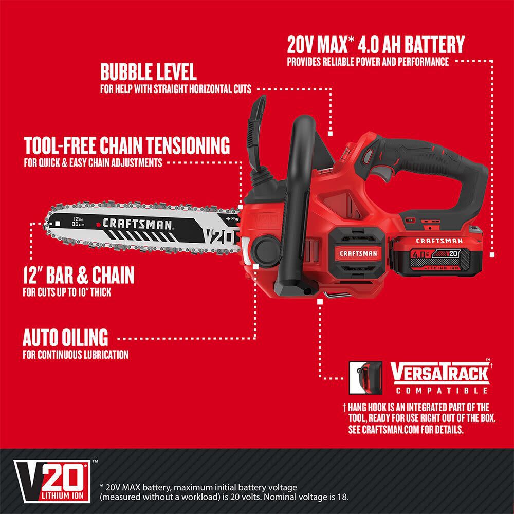 CRAFTSMAN V20 12 Inch Cordless Compact Chainsaw 4Ah Kit CMCCS620M1 Acme Tools