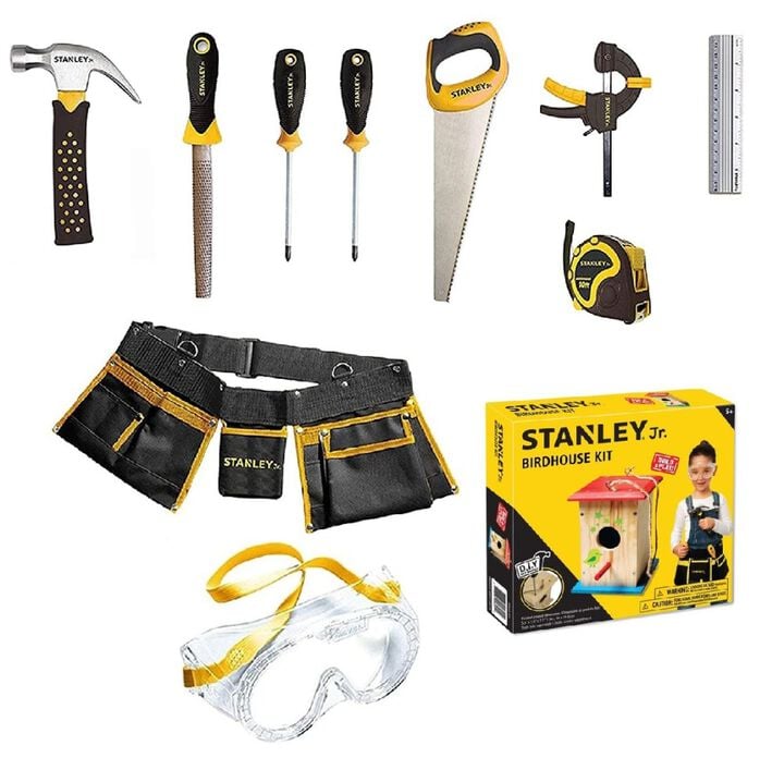 Stanley Jr Kids Wooden DIY Birdhouse Kit & Construction Play Tool Set 10 Piece Bundle