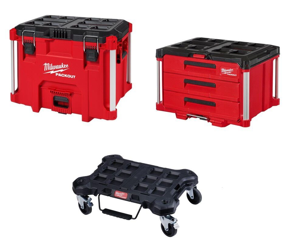Milwaukee PACKOUT XL Tool Box and 3 Drawer Tool Box with Dolly – 48-22-8429-8443-8410