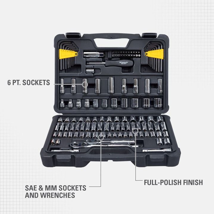 Stanley 1/4 Inch & 3/8 Inch Drive SAE & Metric Mechanic Tool Set 123 Pieces, large image number 2
