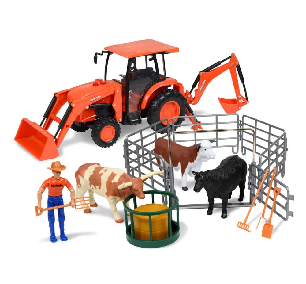 Kubota L6060 1:18 Scale Miniature Toy Tractor Playset with Ranch Cows – 77700-08697