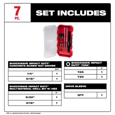 Milwaukee SHOCKWAVE Impact Duty Carbide Multi Material Drill Bit Concrete Screw Install Kit 7pc, large image number 1