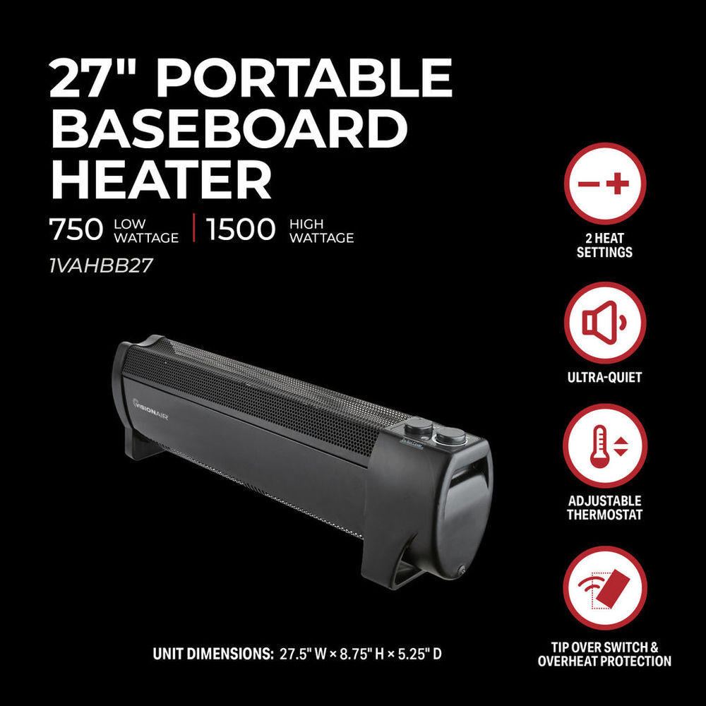 VisionAir 27 In. 750/1500W 5118 Btu 161 Sq-Ft. Convection Baseboard Heater, large image number 4