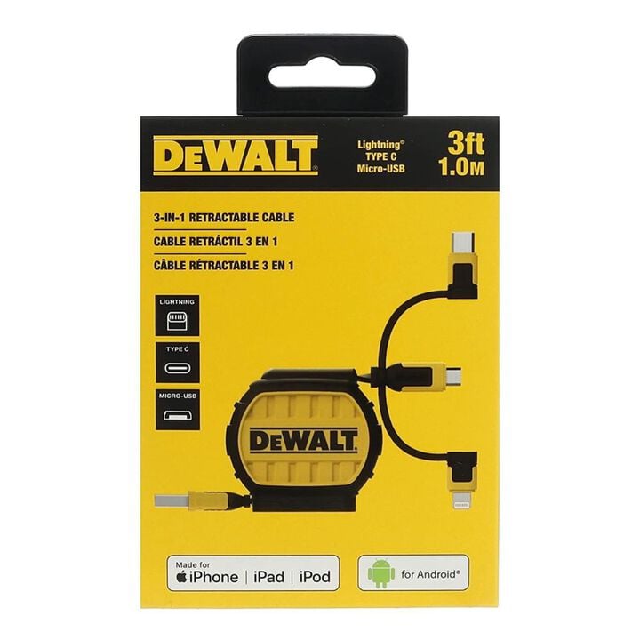 DEWALT USB to Micro to Type C Retractable 3-in-1 Phone Cord Black/Yellow, large image number 7