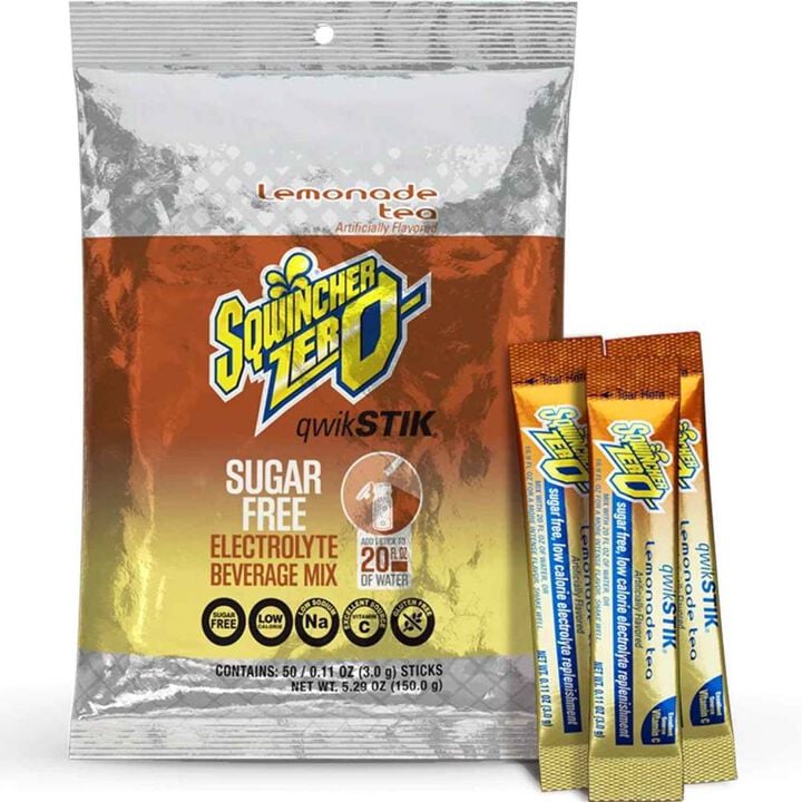 Sqwincher Zero Qwik Stik Electrolytes Replacement Single Serve Lemonade Tea Hydration Pack 50 Pieces