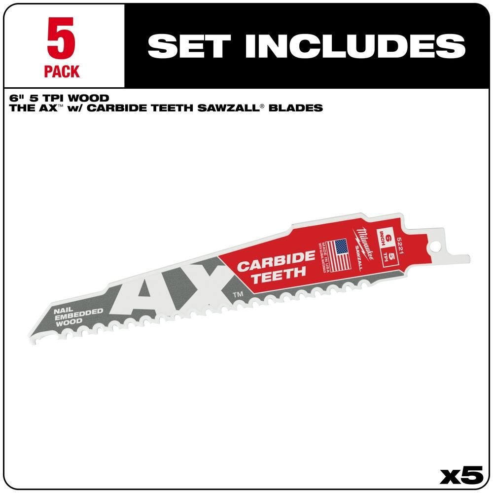 Milwaukee The Ax with Carbide Teeth SAWZALL Blade 6 in. 5T 5PK, large image number 2