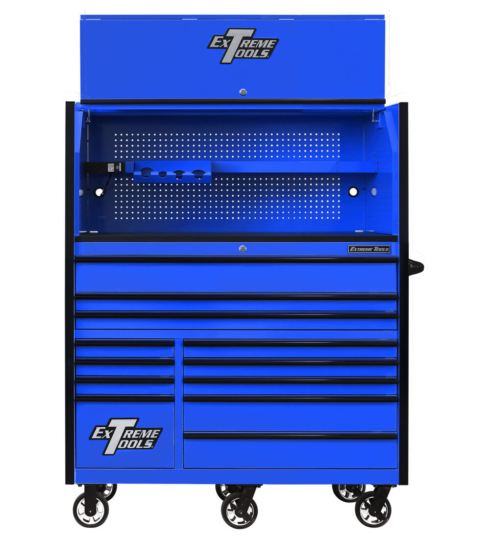 Extreme Tools RX Series 55 Inch W x 25 Inch D Professional Extreme Power Workstation Hutch & 12 Drawer Roller Cabinet 150 lbs Slides Combo Blue with Black Drawer Pulls, large image number 1