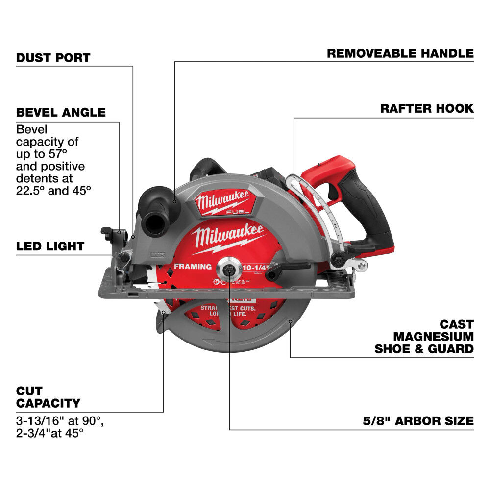 Milwaukee M18 FUEL 10-1/4 Inch Rear Handle Circular Saw Kit and 10-1/4 Inch 28T Thick Kerf Framing Circular Saw Blade Bundle, large image number 5