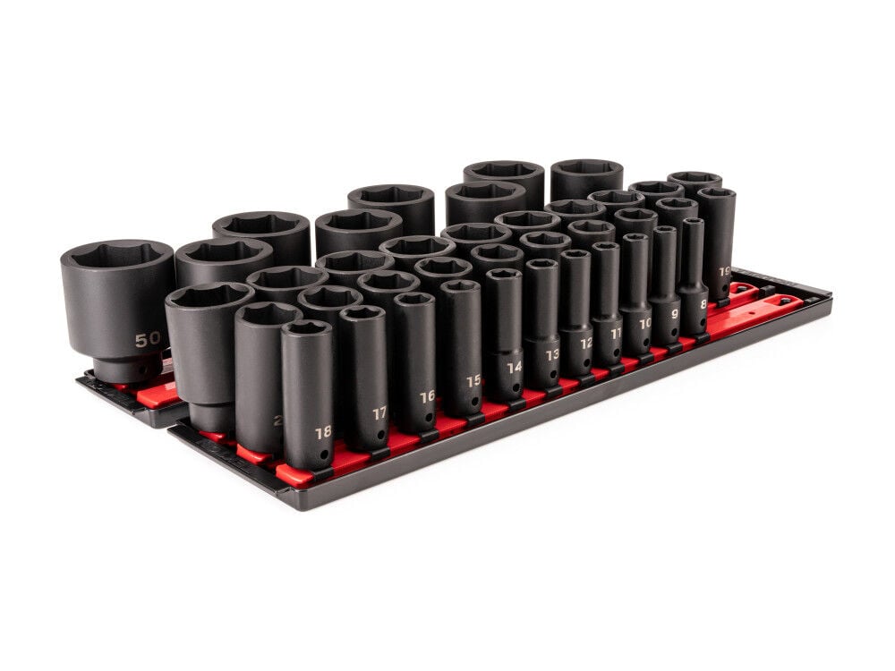 Tekton 1/2 Inch Drive Deep 6 Point Impact Sockets, Rails, 8-50 mm, 39 Pieces, large image number 1