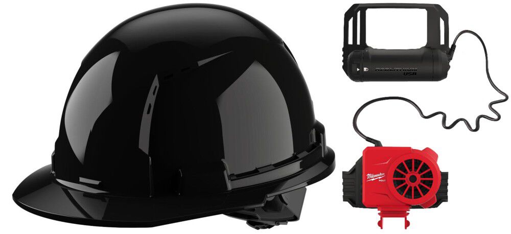 Milwaukee Black Front Brim Vented Hard Hat with 4pt Ratcheting Suspension Type 1 Class C & BOLT Cooling Fan Bundle, large image number 1