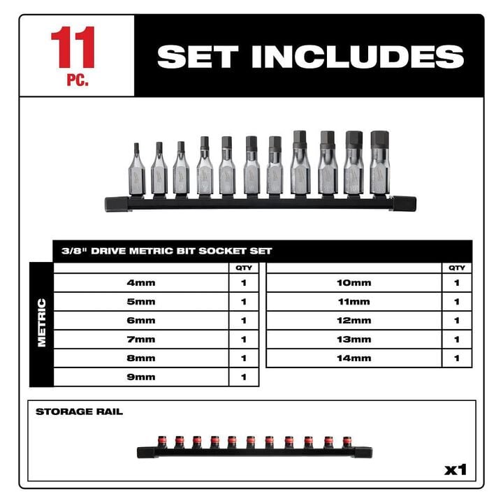 Milwaukee 3/8 Inch Drive Hex Bit Metric Socket Set 11pc, large image number 1