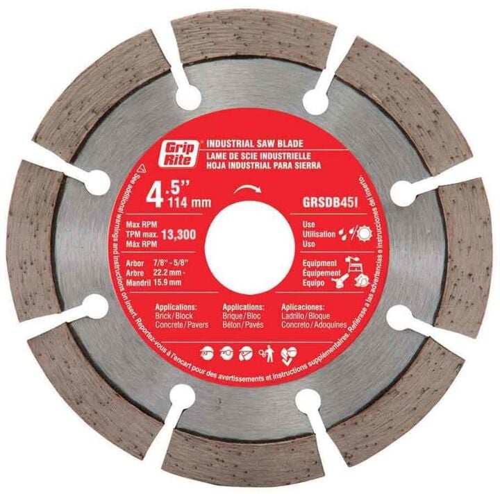 Grip Rite 4 1/2 Inch Industrial Segmented Rim Diamond Blade for Masonry and Concrete