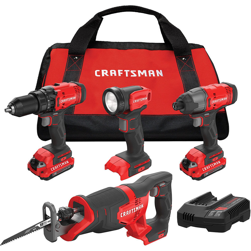CRAFTSMAN V20 Cordless 4 Tool Combo Kit with Two 2.0 Ah Batteries and Charger - CMCK400D2