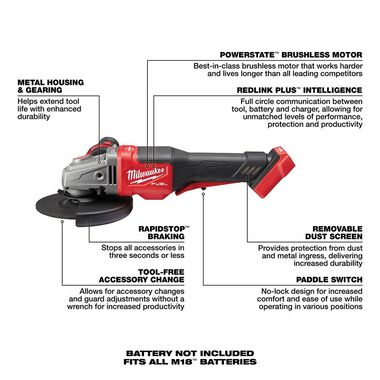 Milwaukee M18 FUEL 4-1/2 in.-6 in. No Lock Braking Grinder with Paddle Switch (Bare Tool), large image number 6