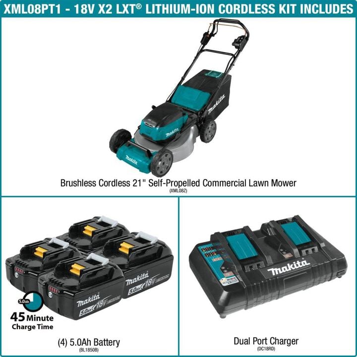 Makita 18V X2 (36V) LXT LithiumIon Brushless Cordless 21in Self Propelled Lawn Mower Kit with 4 Batteries (5.0Ah), large image number 3