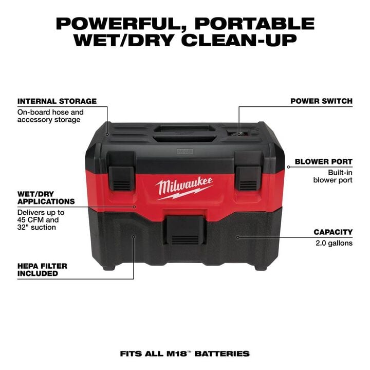 Milwaukee M18 Vacuum Wet/Dry (Bare Tool), large image number 2