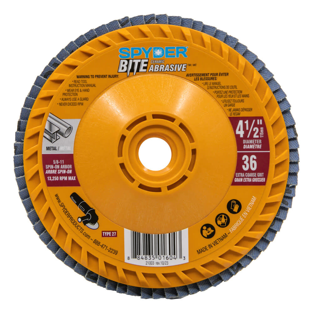 Spyder 4.5 Inch Ceramic Abrasive Flap Disk, 36 Grit, 5/8 Inch-11 Arbor Type 27, large image number 1