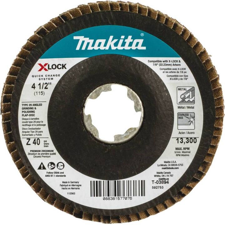 Makita X-LOCK 41/2in 40 Grit Type 29 Angled Grinding and Polishing Flap Disc for X-LOCK and All 7/8in Arbor Grinders