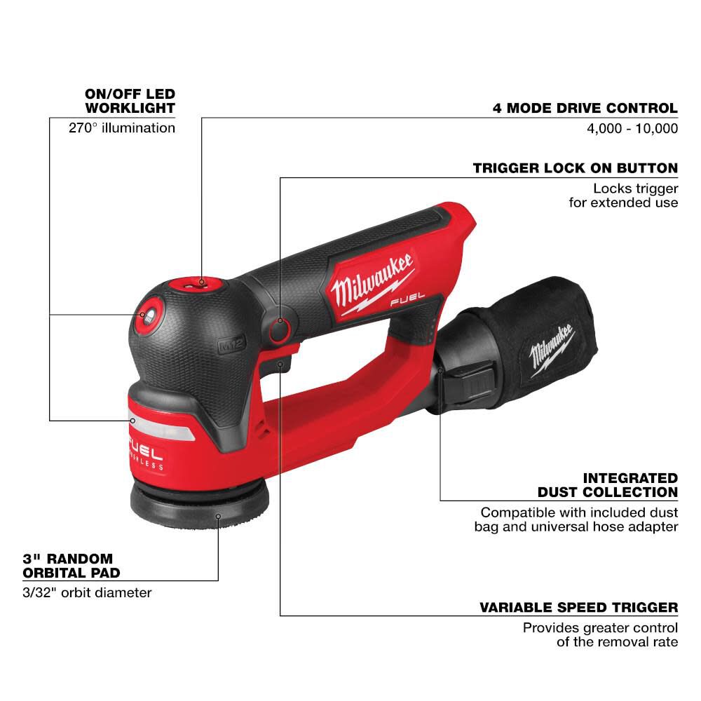 Milwaukee M12 FUEL 3 Inch Random Orbital Detail Sander Bare Tool 2535 20 Acme Tools